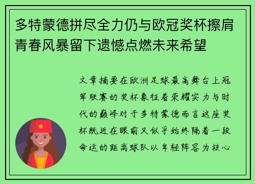 多特蒙德拼尽全力仍与欧冠奖杯擦肩青春风暴留下遗憾点燃未来希望