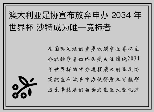 澳大利亚足协宣布放弃申办 2034 年世界杯 沙特成为唯一竞标者